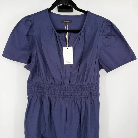 Quince 100% Organic Cotton Poplin Tiered Maxi Dress Women's L Navy Smocked Boho - Picture 6 of 14